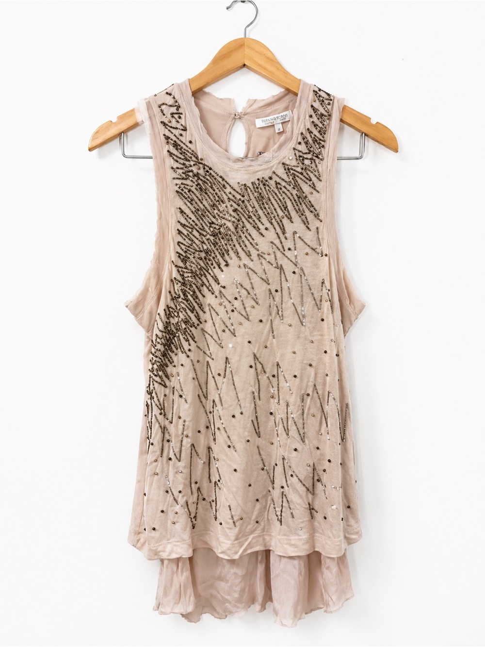 Burning Torch Hand Beaded Tank Top Small | Boho Luxe Silk Blend Layered Hem